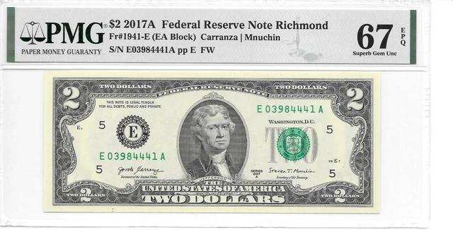 2017A Richmond $2 Frn (Ea Block) Pmg 67 Epq Superb Gem Uncirculated