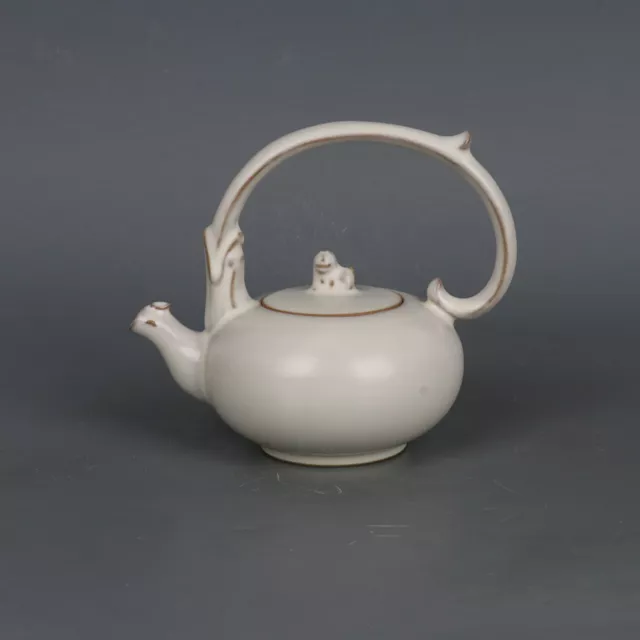 6.2" Chinese Song Porcelain Ru Kiln Crescent White Glaze Hoop Handle Teapot