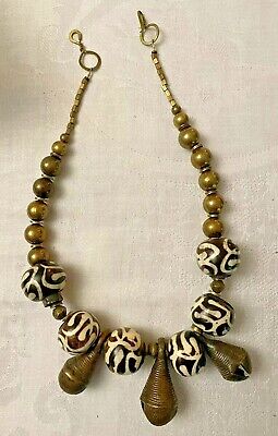 Antique African Batik Eye Ivory Coast W/Baule Brass Lost Wax Cast Bell Necklace