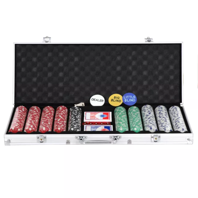 Poker Chip Set 500 Chips 5 Dices Texas Hold'em Cards W/Silver Aluminum Case