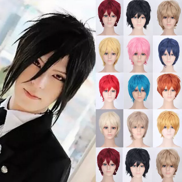 100% Vogue Short Cosplay Full Wigs Men Male Black Brown synthetic Hair Wig @D