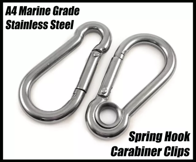 A4 Marine Grade Stainless Steel Carabiner Spring Hook Snap Clips Eyelets Rope