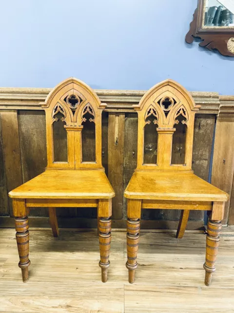 Pair of Victorian Oak Gothic Revival Hall Chairs