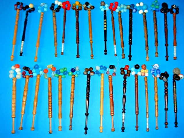 30 old lace making wooden bobbins with spangles