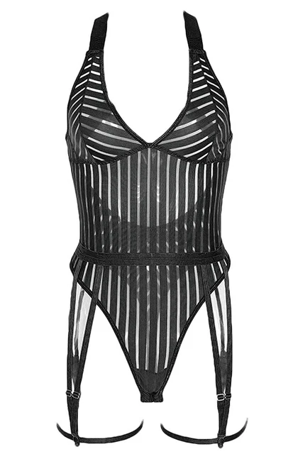 Body a Righe Trasparente Con Cinghie Giarrettiera, Sexy Elegante
