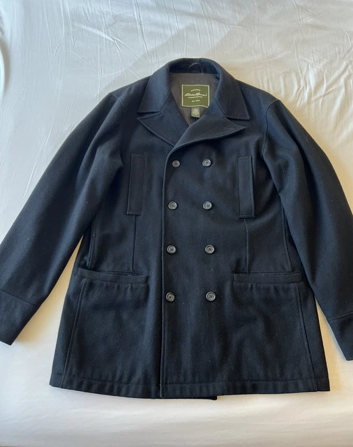 Eddie Bauer Wool Cashmere Double Breasted Black Peacoat Mens - LARGE TALL