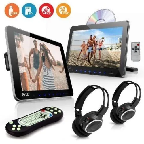 Pyle Dual Car Headrest Mount DVD Player System 10.5’’ + Wireless Headphones