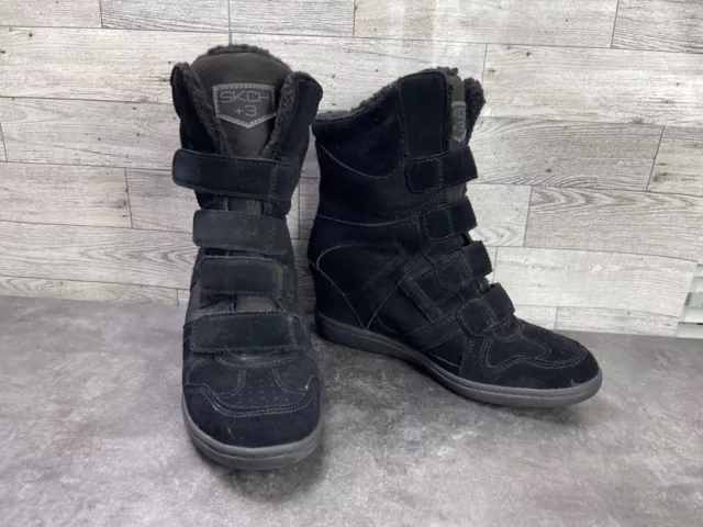 Skechers SKCH +3 Women Shoes Black 6 M Suede Leather Fringe Straps Wedge Boots