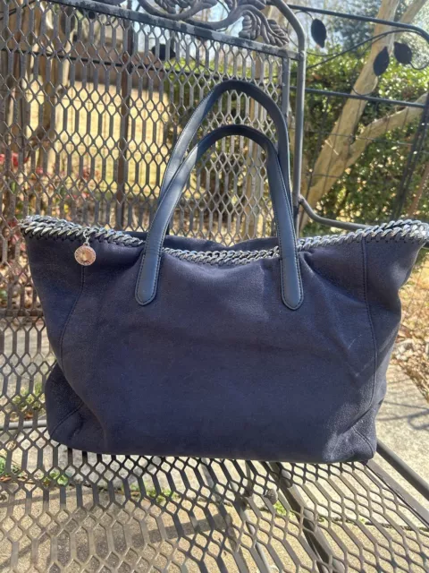 Stella McCartney Shaggy Deer East West Falabella Shopper Tote Navy Blue.