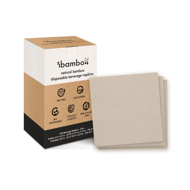 Ibambo 250 Pack Bamboo Cocktail Napkins - 2-Ply Ecofriendly Beverage Napkins ...