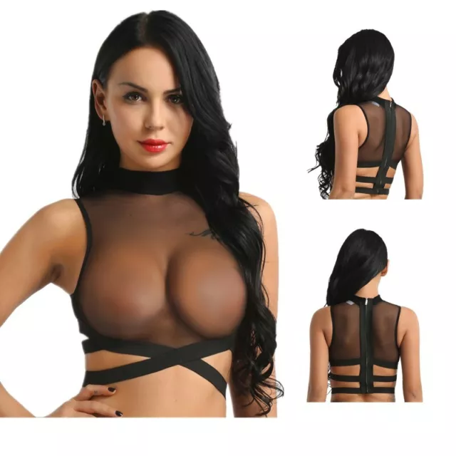 Women's Sexy Mesh Sheer Crop Top Shirt Sleeveless Transparent Short Blouse Tops