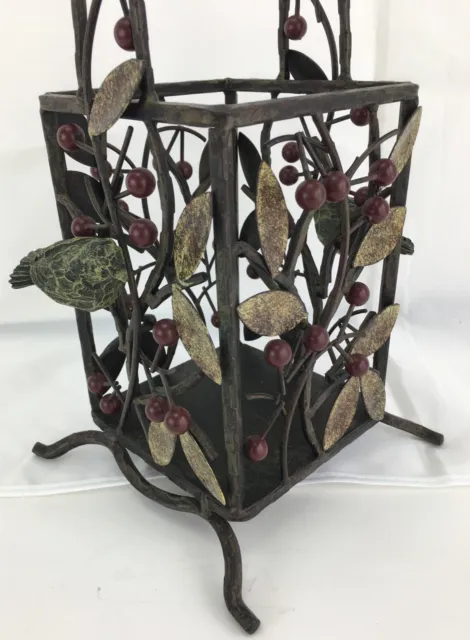 Wrought Iron Decorative Bird Basket Square Embellished Red Berries Tree Branches 2