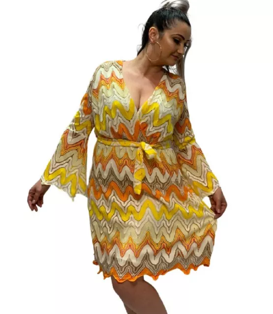 Damenkleid Zickzack mehrfarbig Kleid Gürtel Tunika Kleid V-Ausschnitt Midi Einheitsgröße