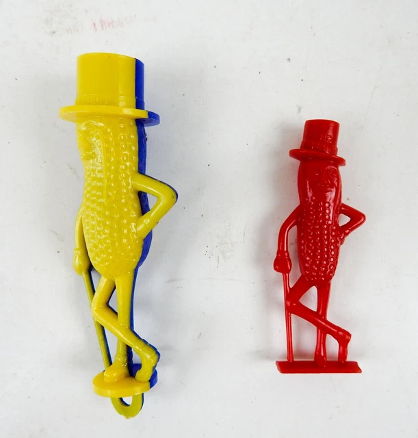 Lot of 2 Vintage Plastic  Mr. Peanut Planters Whistle 2 Tone Yellow Blue
