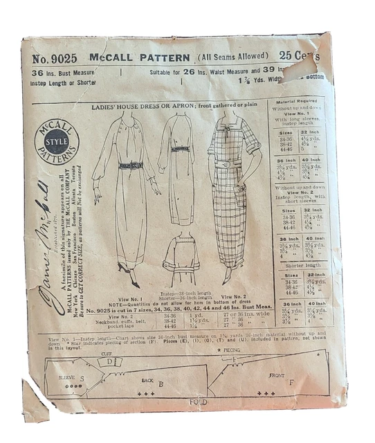 Antique McCall Sewing pattern #9025 House dress Bust 36