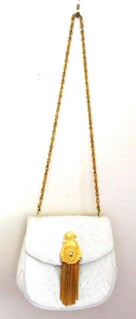 Vintage Harry Rosenfeld Ostrich Leather Handbag, Ivory, Gold Chain Strap,Fringe Vintage Harry Rosenfeld Ostrich Leather Handbag, Ivory, Gold Chain Strap,Fringe