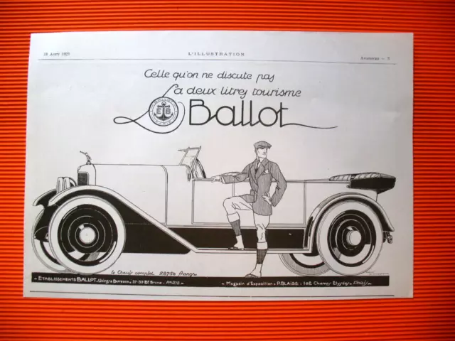 PUBLICITE DE PRESSE BALLOT AUTOMOBILE TOURISME ILLUSTRATION RENé VINCENT AD 1923