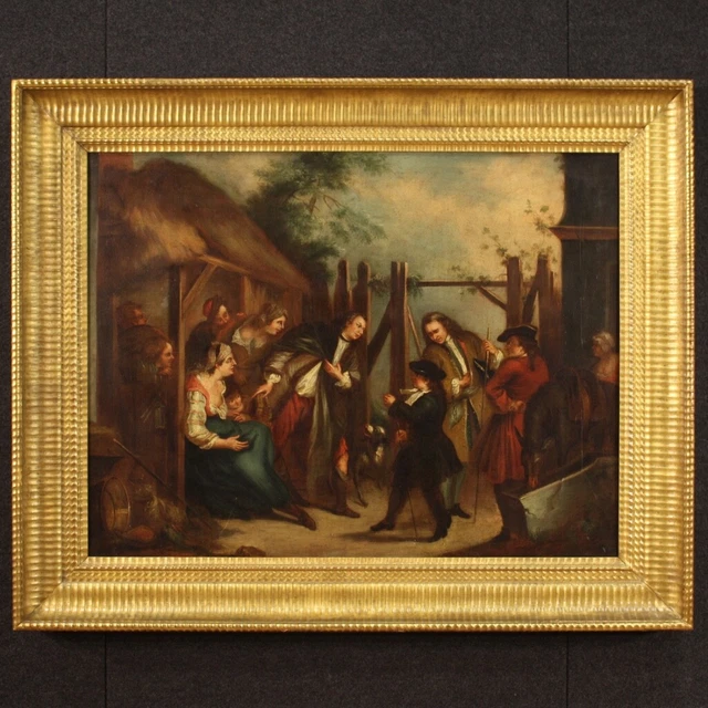 Escena de genero siglo xviii pintura antigua cuadro inglés óleo sobre lienzo