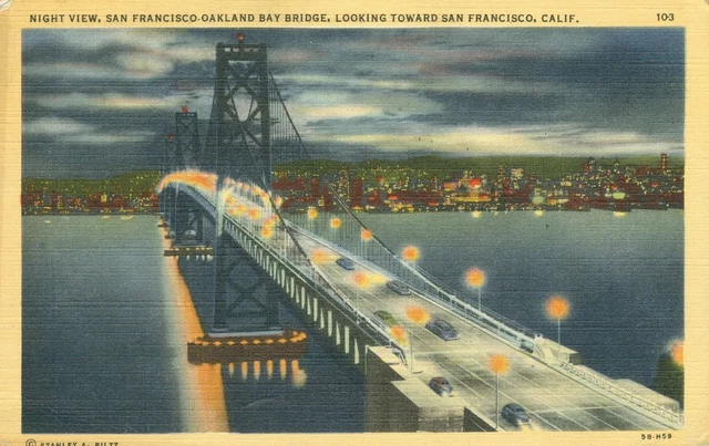Vintage Linen Postcard Night View San Francisco Oakland Bay Bridge CA