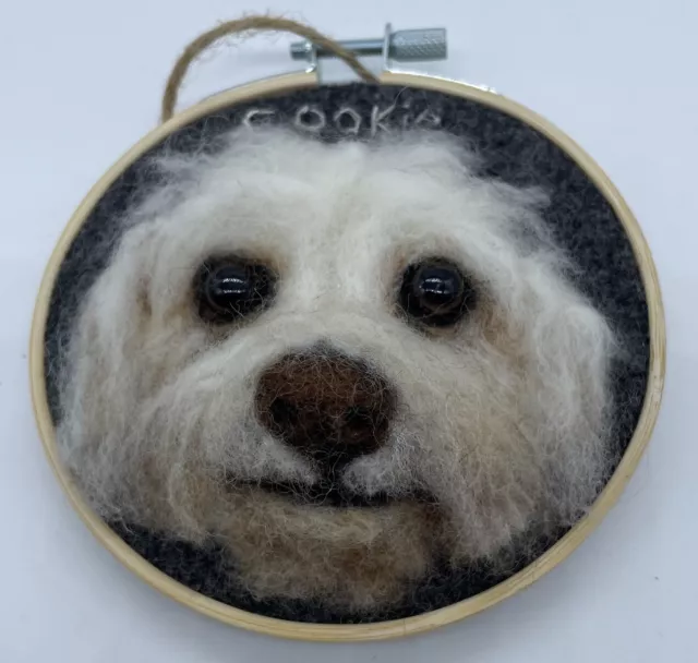 Needle Punch Wool Felted Dog Wall Decor Lhasa Terrier Puppy Handmade 4.5” Round