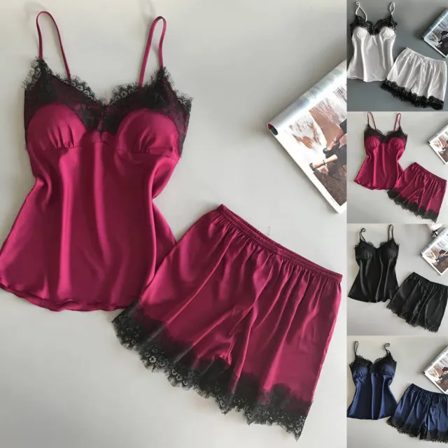 Sexy Womens Satin Silk Lace Lingerie Set Tank Tops Shorts Nightwear Pyjamas Pjs