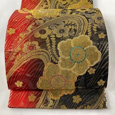 Japanese Kimono SILK Fukuro OBI, Rokutu, Gold thread, Foil, Stream, L171"..2823