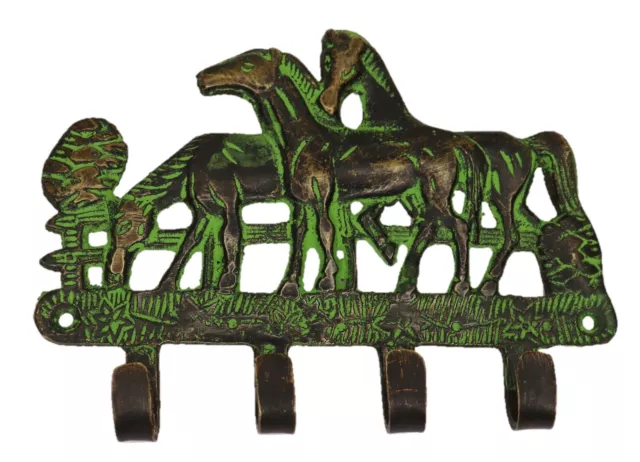 Horse Design 4 Hook Vintage Style Handmade Brass Cloth Key Cap Wall Hanger Hook
