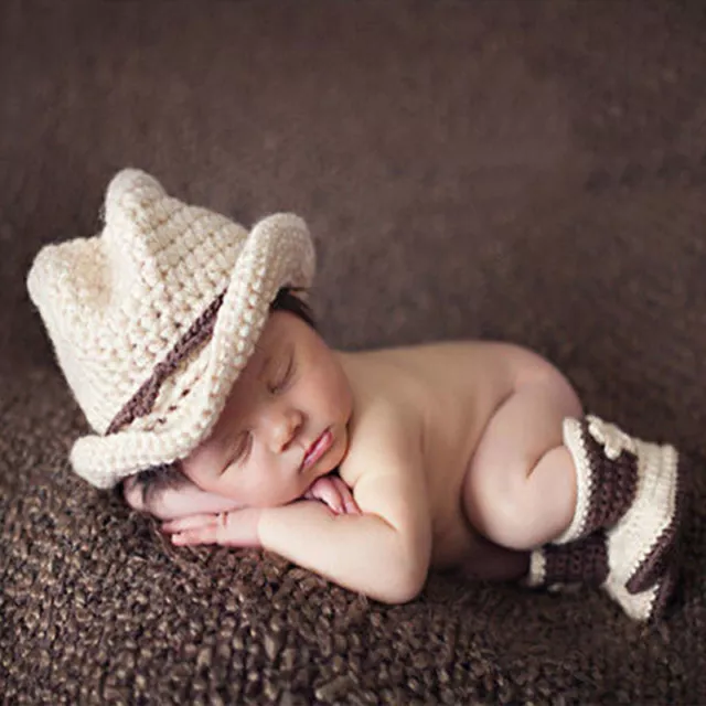 Newborn Baby Photography Props Cowboy Crochet Costume Knitted Costume Hat&Shoes