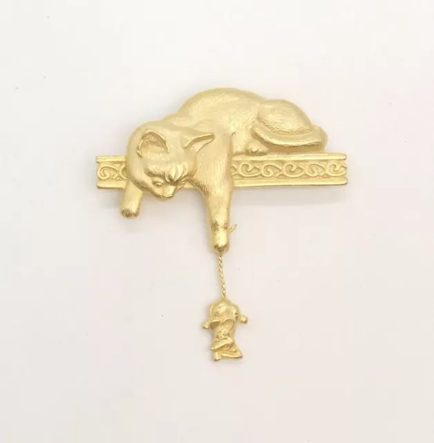 Vintage 1980s JJ Jonette Cat & Mouse Dangle Brooch Brushed Gold Tone Signed Pin