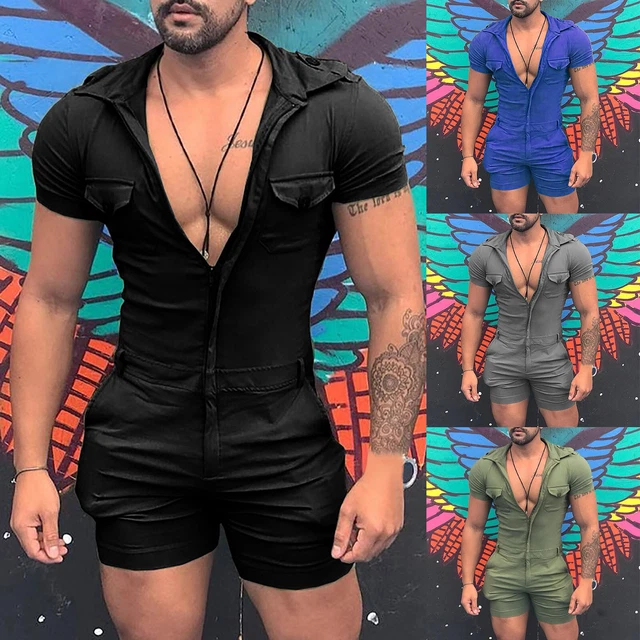 Jumpache mit Reißverschluss Kurzarm-Sommershorts Herren mit Sexy Halsband