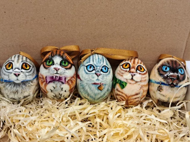 Cats Christmas tree decoration Wooden eggs ornaments 5 in 1 set Handmade Ukraine