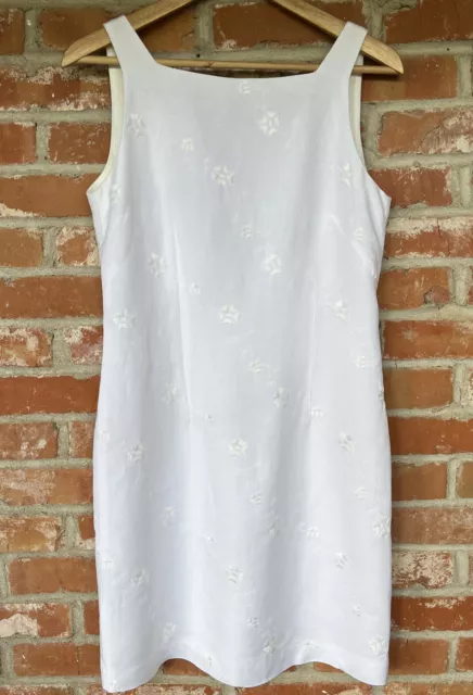 VTG Harold’s Sz 8 Shift Dress Sleeveless White Floral Embroidery Linen Blend