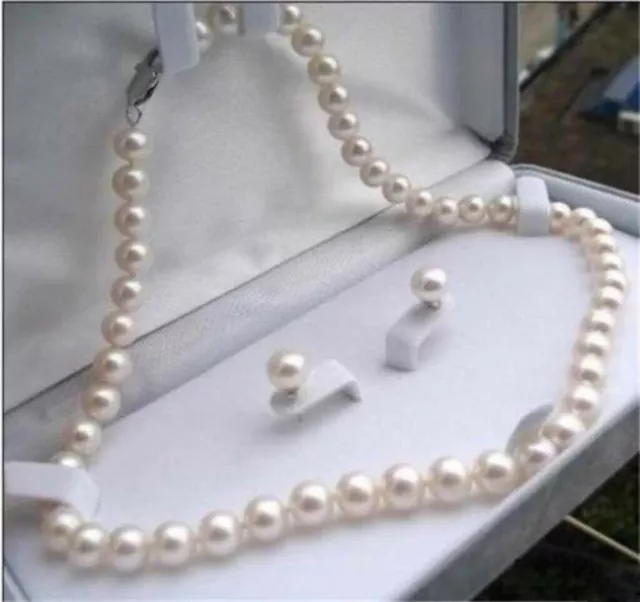 Genuine Natural 7-8mm White Freshwater Cultured Pearl Necklace 18" Earrings Set