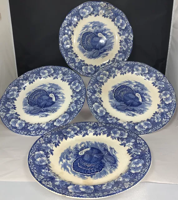 Wedgwood England Blue and White 11" Thanksgiving Turkey Dinner Plates x3