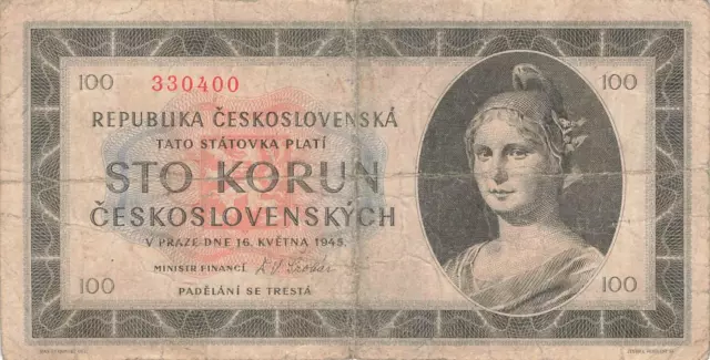 Czechoslovakia Czechoslovakia 100 Korun 1945 P67 Fine-VG