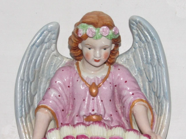 07J3 Antique Large Benitier Angel Guardian Biscuit Polychrome Deb Xx Century 2