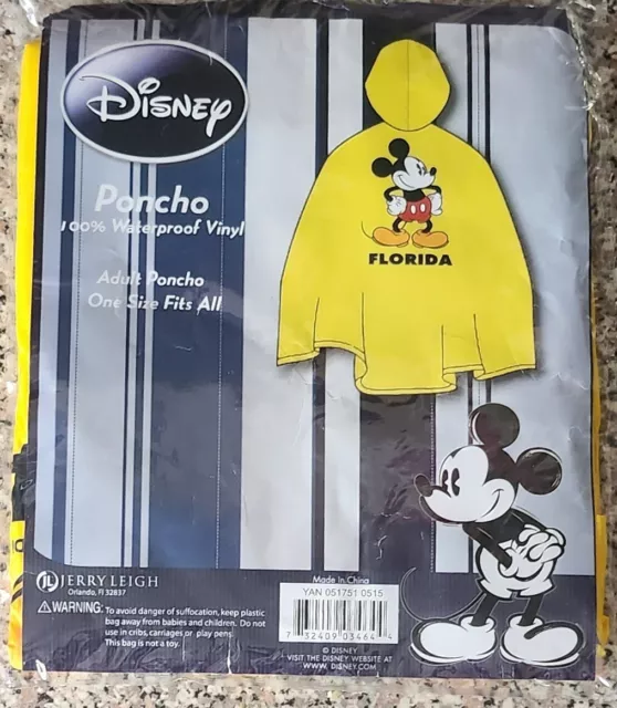 DISNEY Mickey Mouse Yellow Adult Rain Poncho FLORIDA Jerry Leigh