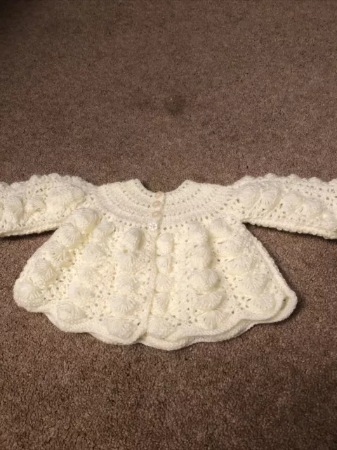 Hand knitted Cream baby Matinee Coat. lace Effect.size 0/3Months