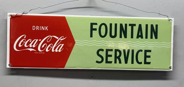 Coca Cola Porcelain Sign - 17” Long - "Drink Coca Cola Fountain Service"