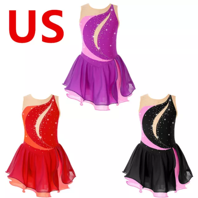 US Kids Girls Dress Skate Costumes Ballet Dance Tutu Skirted Sleeveless Skating