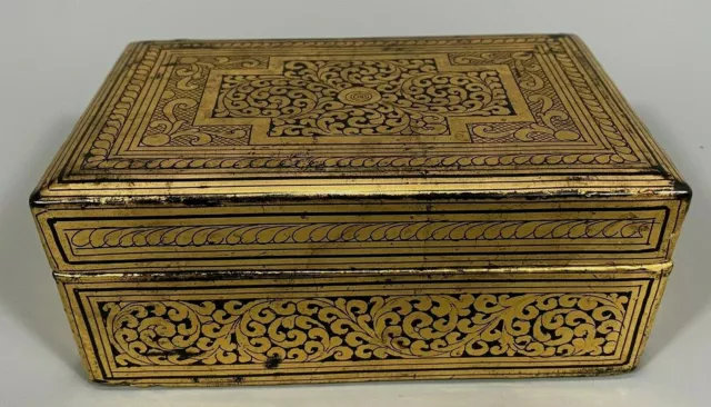 Very Fine Burma Burmese Black Lacquer Box w/ allover Scrolls & Leaves ca. 1950's