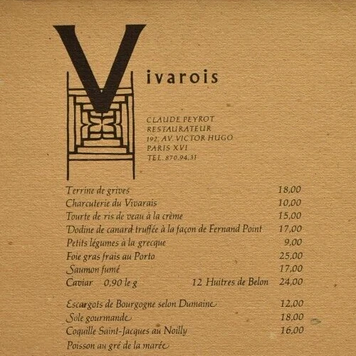 VINTAGE 1967 VIVAROIS Restaurant Menu Avenue Victor Hugo Paris France