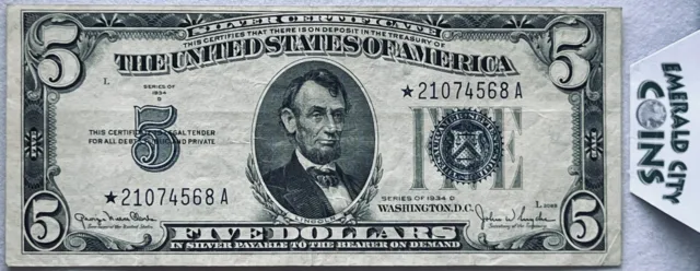 1934-D $5 Federal Reserve *Star* Note Crisp Uncirculated Blue Seal