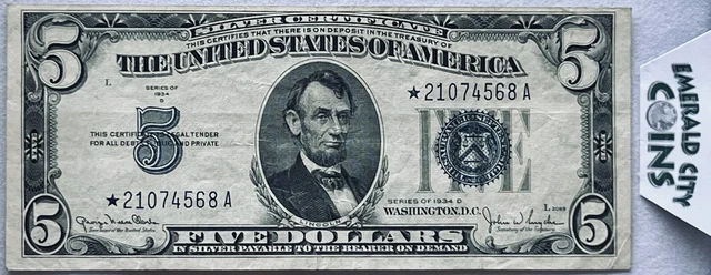 1934-D $5 Federal Reserve *Star* Note Crisp Uncirculated Blue Seal