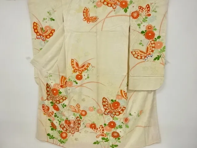 11364# Japanese Kimono / Antique Furisode / Embroidery / Butterfly & Flower