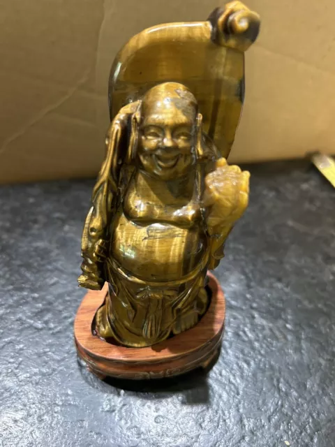 5” Chinese Buddhism Tigereye Carving Happy Laughing Buddha Statue