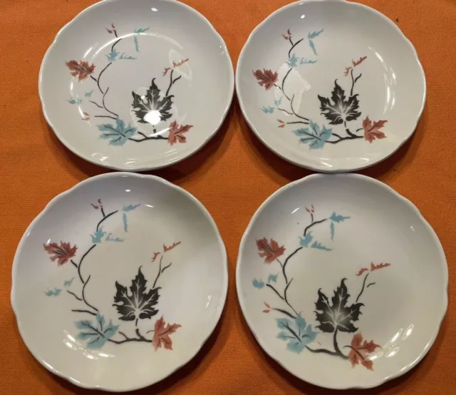 4 Lunch Salad PLATES Autumn Leaves JACKSON CHINA PA USA Vintage 7 1/4" Blue Pink