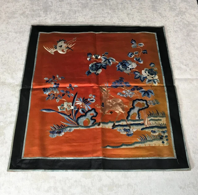 Vintage Chinese Silk Embroidery with Deer and Stork
