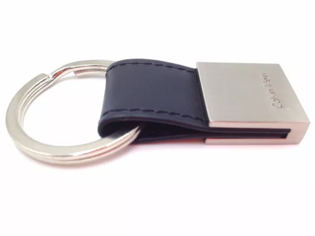 $75 Calvin Klein Mens Black Silver Leather Key Fob Keyfob Keychain Metal Ring