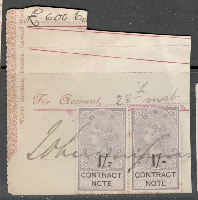 QUEEN VICTORIA - 1/- Lilac - Contract Note - Good Used on a Piece ...